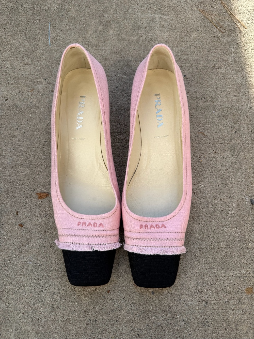 Vintage Prada Pink Canvas Kitten Heels with Black Square Toe